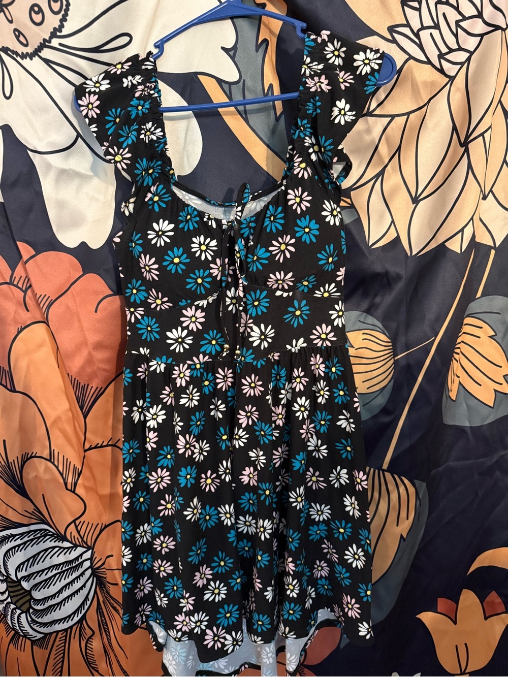 Black Floral One-Piece Dress with Blue & White Daisies